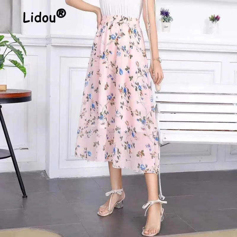 Top Trends: High Waist Chiffon Half Length Skirt Summer Versatile Span Show Thin Floral Cover Buttocks Large Swing Skirt A-line Female Shoppable Styles