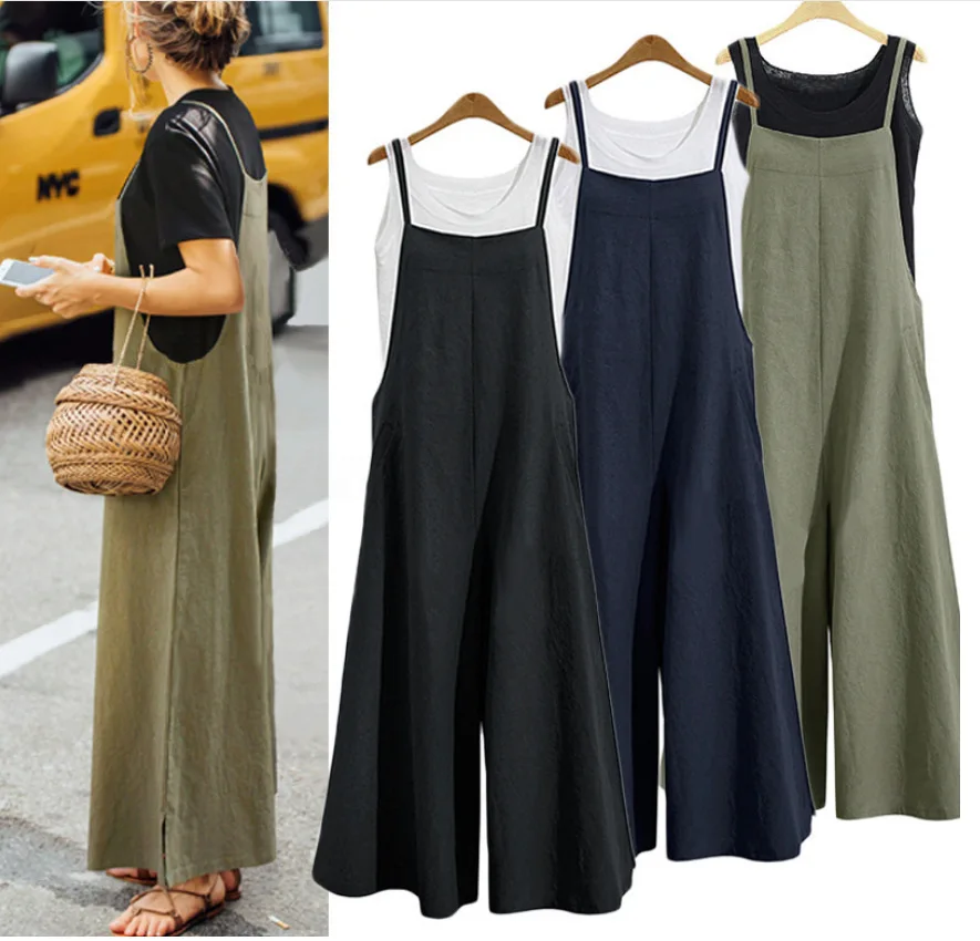 Top Trends: Casual Loose Jumpsuit Women Summer Solid Cotton Linen Straps Wide Leg Pants Dungaree Bib Overalls Sleeveless Oversized Jumpsuits Shoppable Styles