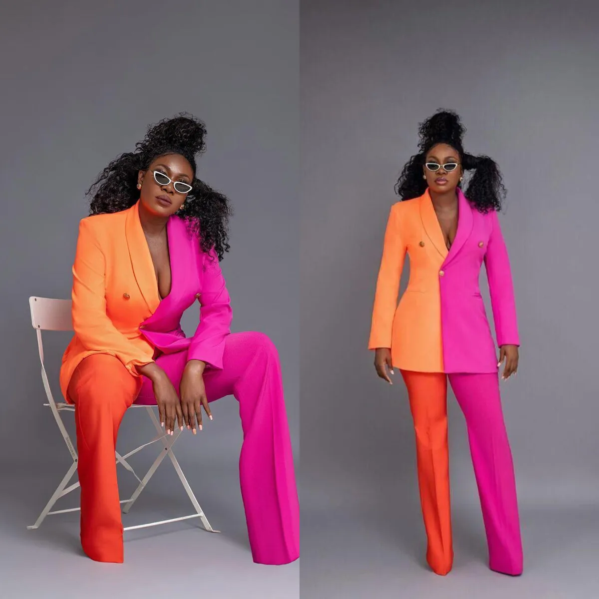 Top Trends: 2 Piece Elegant Women Suits Orange Pink Patchwork(Blazer+ Pants) Slim Fit One Button Casual Formal Prom Evening Dress Custom Made Shoppable Styles