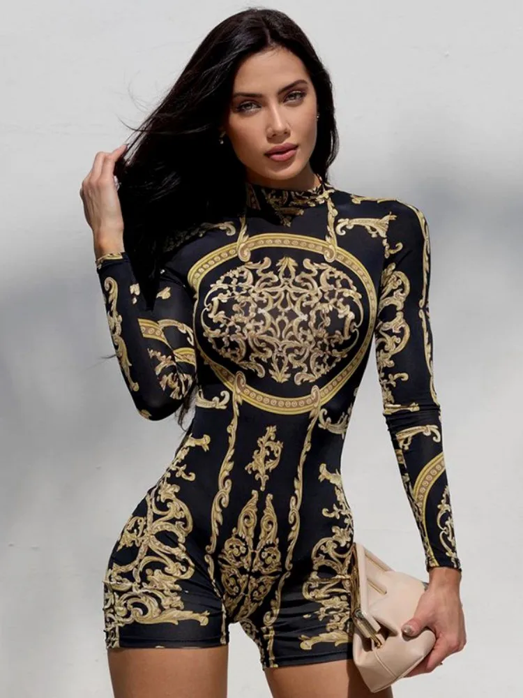 Top Trends: Print Short Jumpsuit Women Clothing O-neck Long Sleeve Playsuit Bodycon Sexy Rompers Skinny Ropa De Mujer One Piece Bodysuit Y2k Shoppable Styles - Image 2