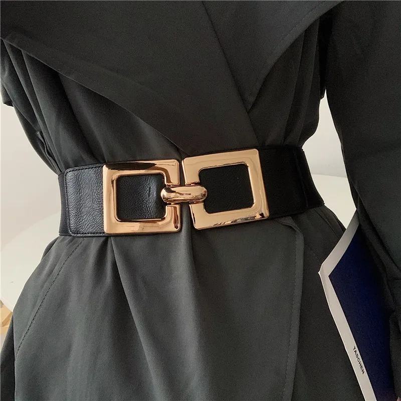 Top Trends: New Black Waist Corset Belts For Women Gold Big Alloy Square Buckle Waistbands Elastic Wide Cummerbund Dress Coat Cinturon Mujer Shoppable Styles