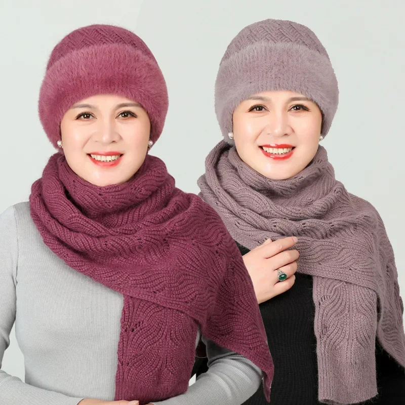 Top Trends: Old Lady Hat Women&#039;s Autumn Winter Scarf Set Thermal Cotton Windproof Knitted Woolen Cap For Middle-Aged Mother Grandma Grandm Shoppable Styles