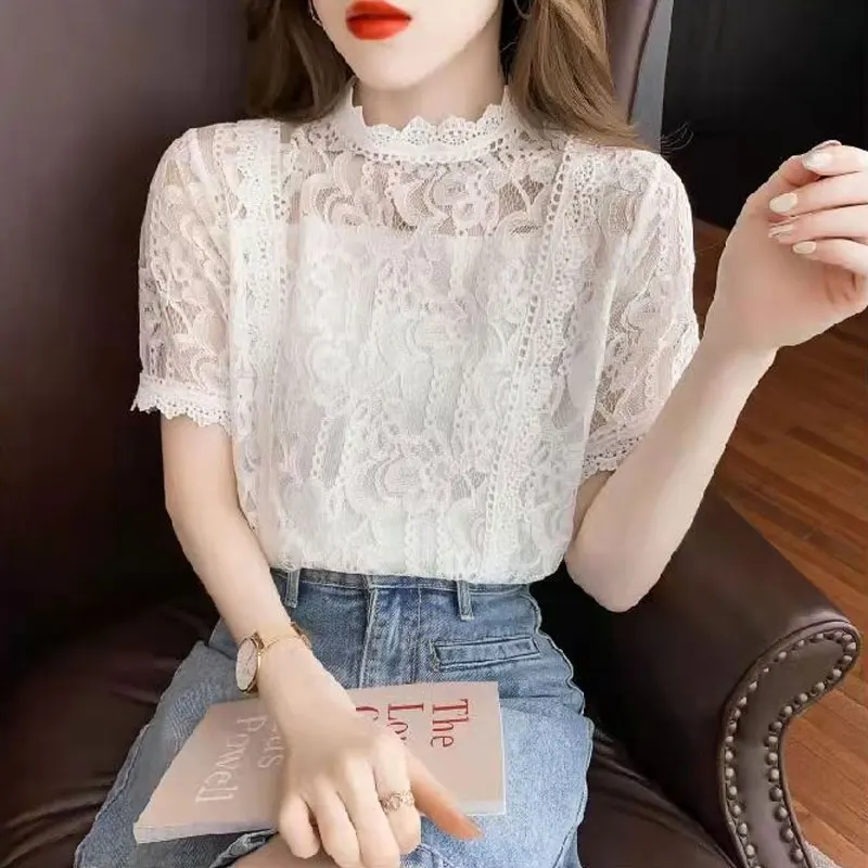 Top Trends: Elegant Lace Hollow Out Shirt Office Lady Summer Solid Color All-match Short Sleeve Fashion Stand Collar Straight Blouse 2023 Shoppable Styles - Image 4