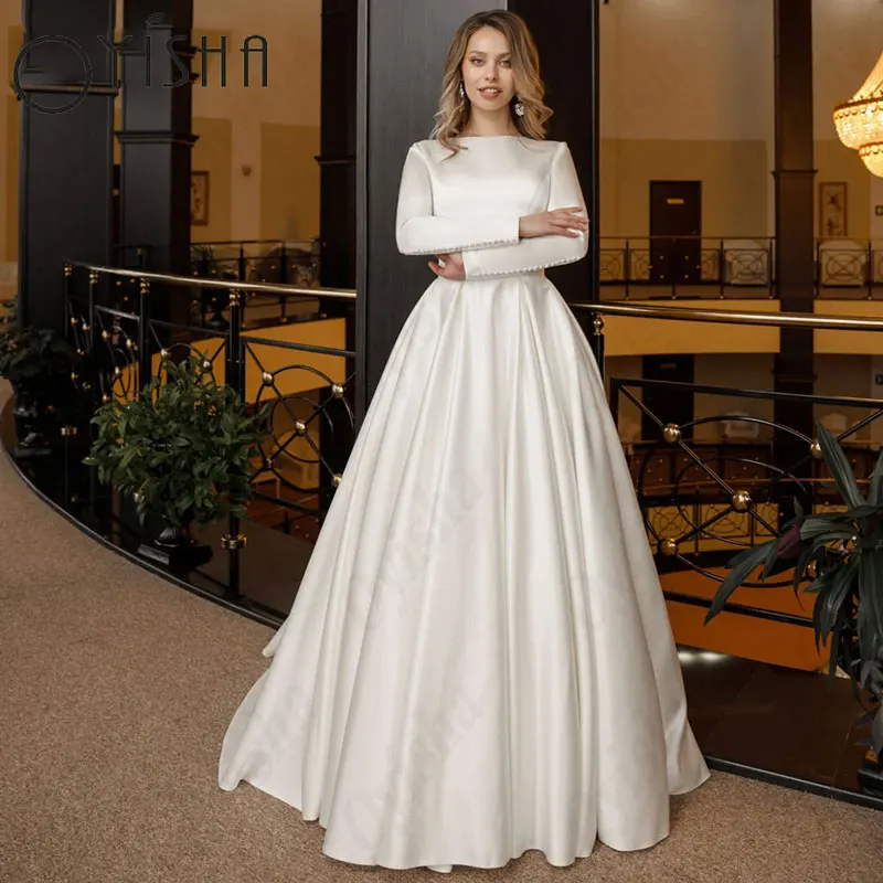 Top Trends: OYISHA O-Neck Satin Muslim Wedding Dresses Simple Long Sleeves A-Line Luxury Bridal Gown For Woman Exquisite Vestido De Mariages Shoppable Styles