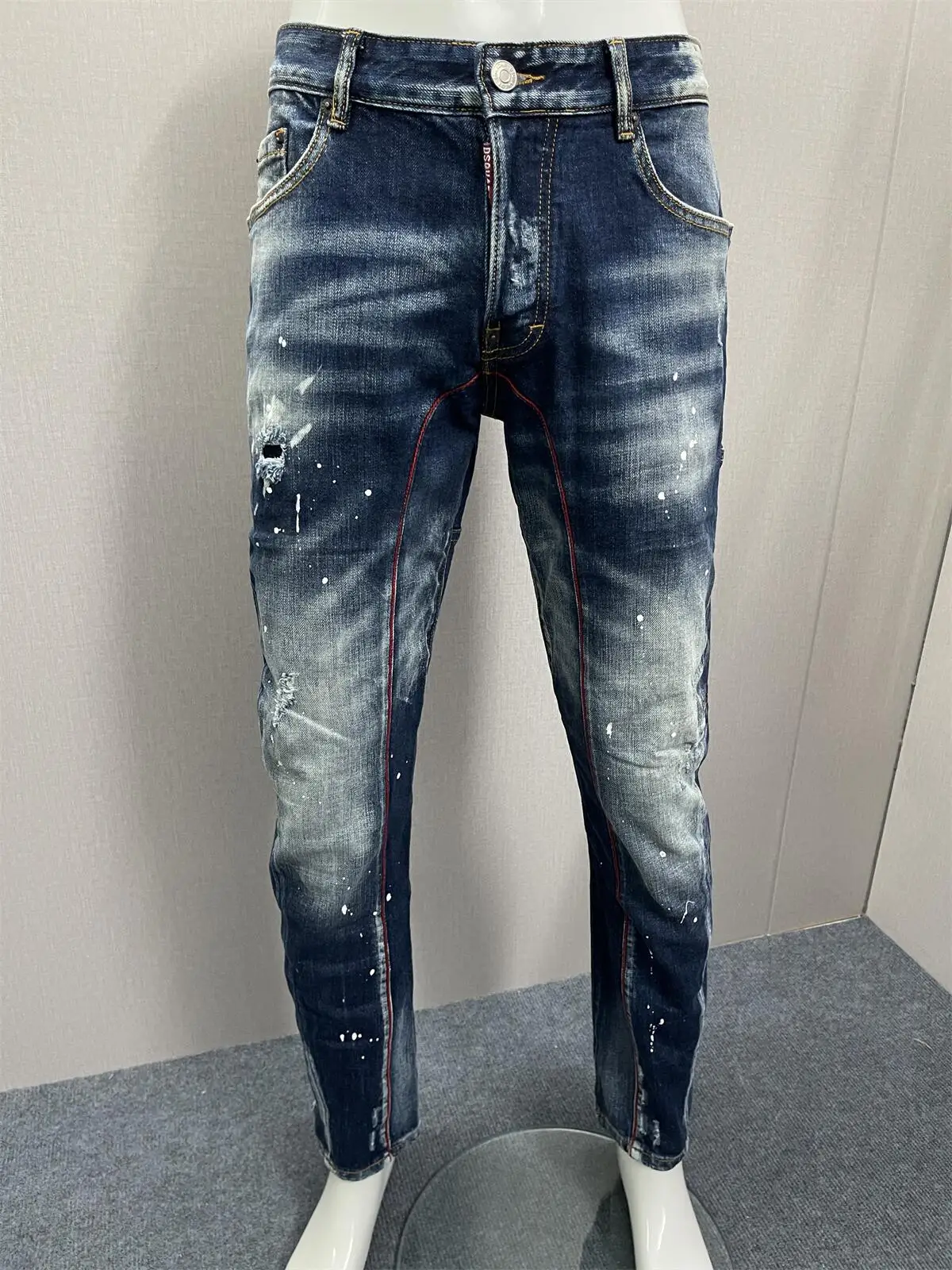 Top Trends: 2023 Spring / Summer New D2 Jeans Men&#039;s Water Wash Worn Hole Patch Paint Speckled Ink Micro Elastic Feet Shoppable Styles