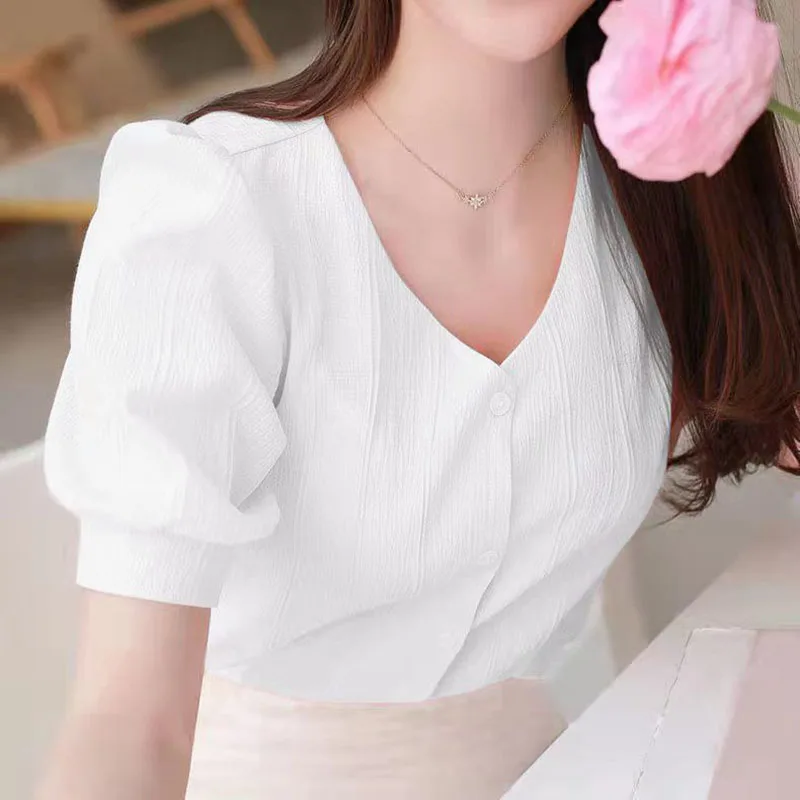 Top Trends: Elegant V-Neck Button Puff Sleeve Sweet Blouse Women&#039;s Clothing 2023 Summer New Loose Casual Tops All-match Office Lady Shirt Shoppable Styles