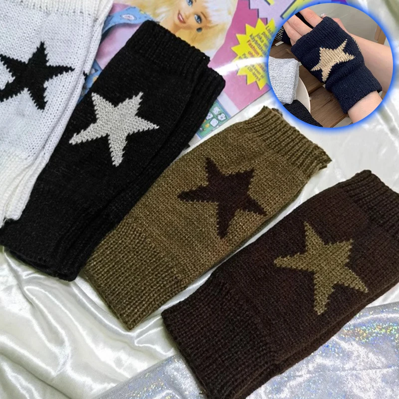 Top Trends: Punk Y2K Star Knitted Woolen Gloves Fashion Men Women Pentagram Half Finger Warm Soft Mitten Five Pointed Star Fingerless Gloves Shoppable Styles