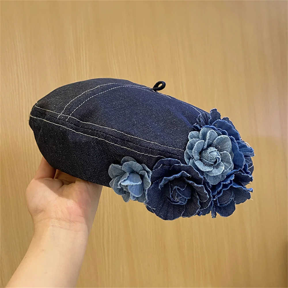 Top Trends: Y2K Korean Designer Vintage Elegance Denim Blue Camellia Beret Hats For Women Spring Summer Femininity Niche Casual Painter Caps Shoppable Styles - Image 4