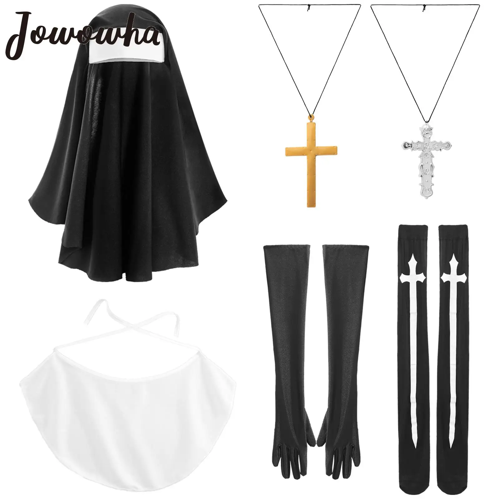 Top Trends: Womens Nun Missionary Costume Halloween Cosplay Nun Hat Priest Cross Headdress Silk Tube Stockings Gloves Plastic Cross Necklace Shoppable Styles