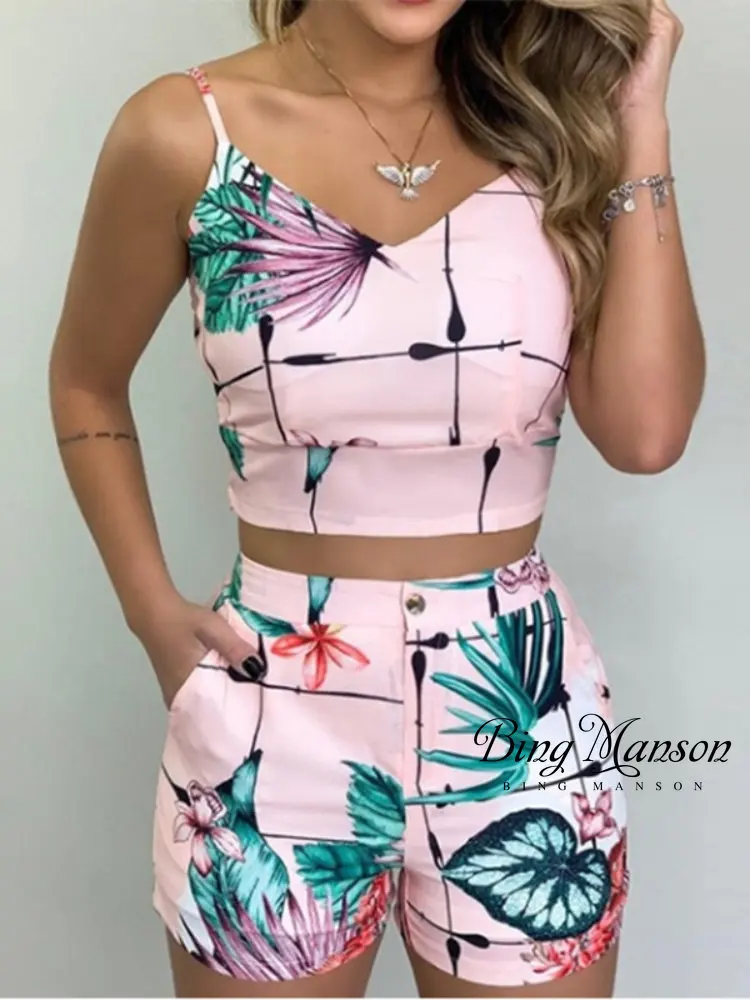 Top Trends: Summer New Women's 2023 Summer Sleeveless Flower Print Top Pants Set Casual Shorts Casual Belt Set Pantalones Cortos De Mujer Shoppable Styles