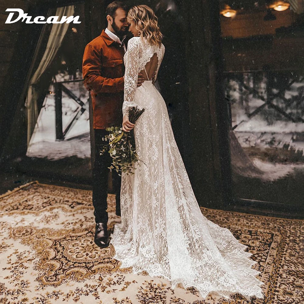 Top Trends: DREAM Long Sleeves Floral Lace V Neck Boho Wedding Dress Deep V Neck Open Back Modest Rustic Civil Bridal Gown Shoppable Styles