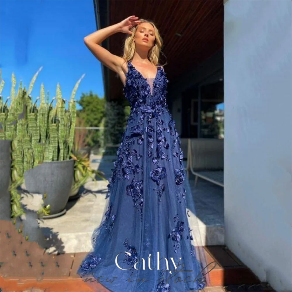 Top Trends: Cathy 3D Lace Embroid Vestidos De Noche Sexy V-neck Tulle Prom Dress 2023 Dark Blue Sleeveless A-line فساتين السهرة Shoppable Styles