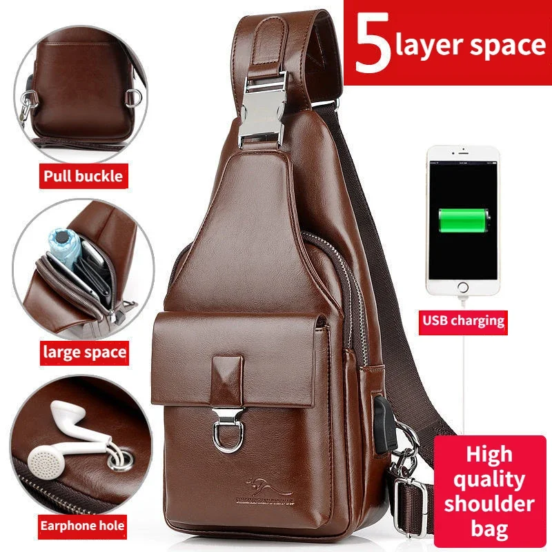 Top Trends: Men's Genuine Leather Chest Bag USB Charging Crossbody Bag Multi Layer Waterproof Chest Bag Travel Business Men's Shoulder Bag Shoppable Styles