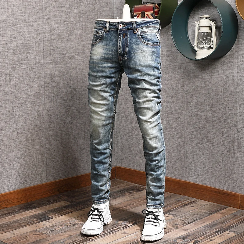 Top Trends: Fashion Streetwear Men Jeans Retro Blue Elastic Slim Fit Ripped Jeans Men Italian Vintage Designer Casual Denim Pants Hombre Shoppable Styles