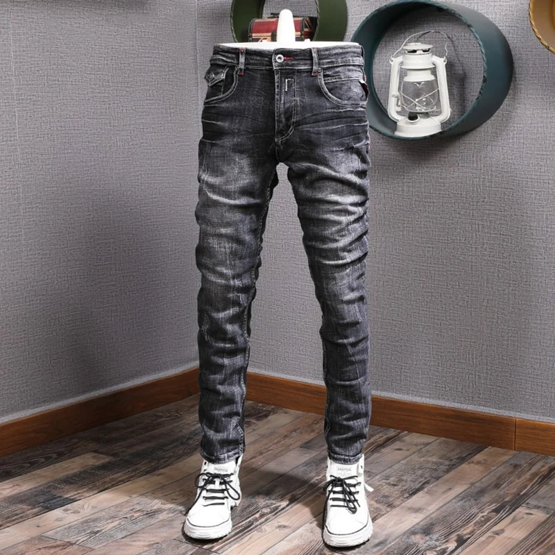 Top Trends: Italian Style Fashion Men Jeans Retro Black Gray Slim Fit Ripped Jean Men Stretch Trousers Vintage Designer Casual Denim Pants Shoppable Styles