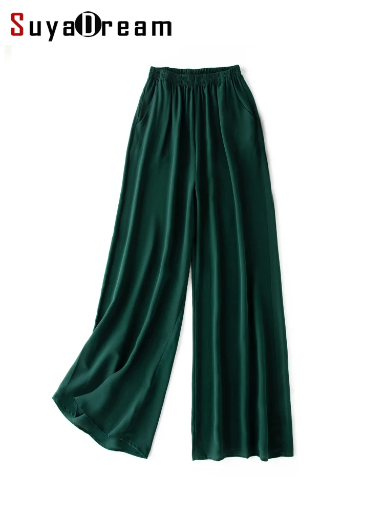 Top Trends: SuyaDream Women Wide Leg Pants 100% Real Silk Solid Elastic Waisted Ankle-length 2022 Office Spring Autumn Chic Trousers Black Shoppable Styles