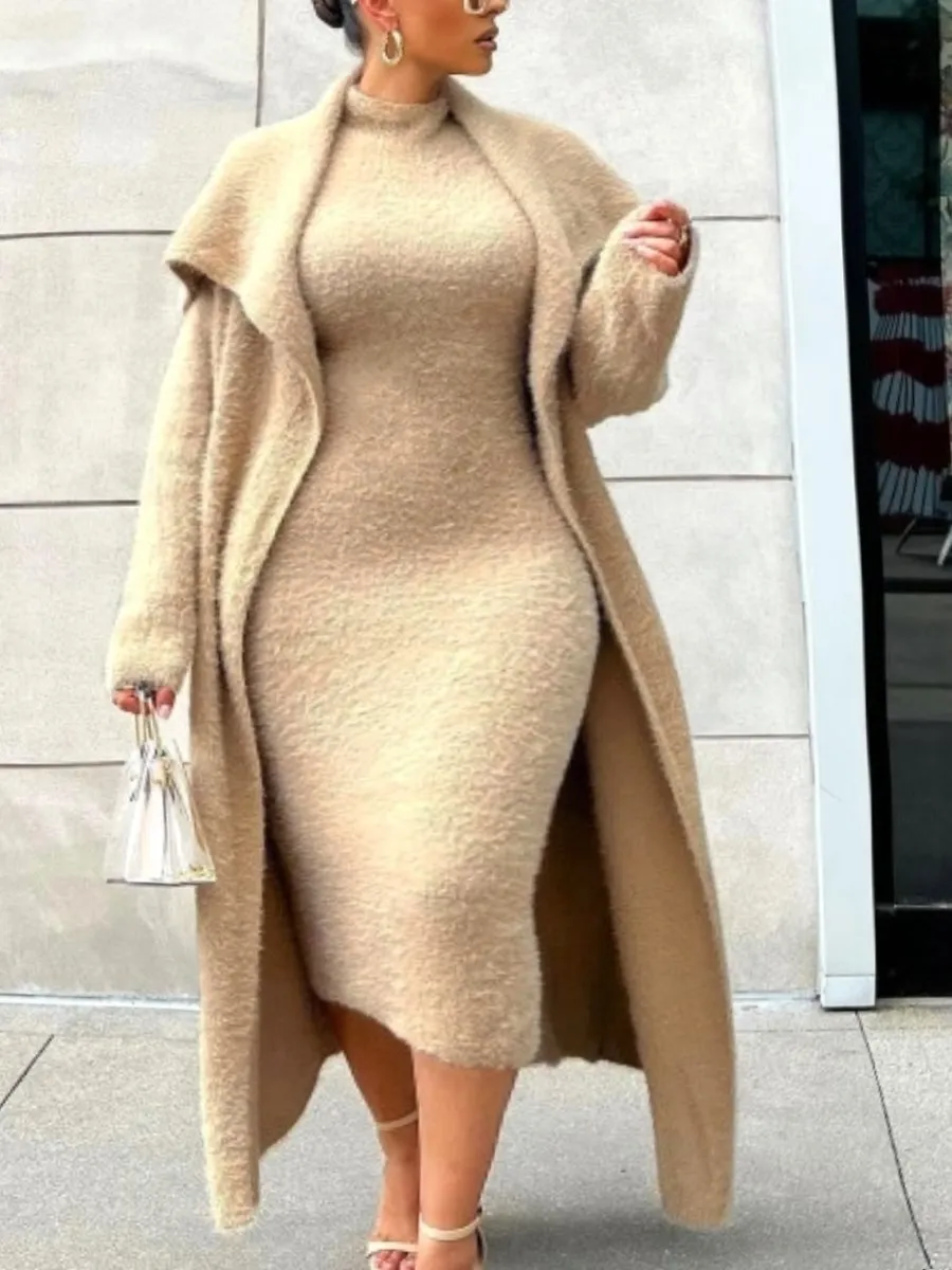 Top Trends: LW Plus Size Dress Teddy Plain Bodycon Dress Set Women&#039;s 2022 Autumn Winter Warm Sexy Elegant Cocktail Evening Party Dresses Shoppable Styles