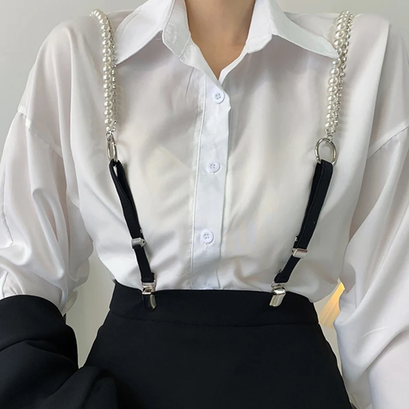 Top Trends: 3 Clips Pearl Rhinestone Chain Suspenders Belt For Women Elastic Trousers Pants Tights Strap Garter Adjustable Shoppable Styles