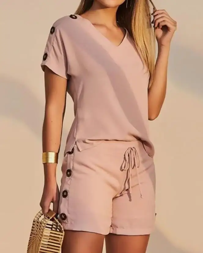 Top Trends: Two Piece Set Women Outfit 2023 Summer Fashion New Women&#039;s Casual Clothing Plain Buttoned T-Shirt &amp; Drawstring Shorts Set Female Shoppable Styles