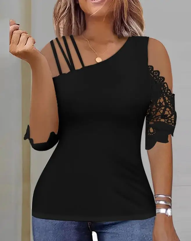 Top Trends: Top Women 2023 Summer Fashion Lace Patch Asymmetrical Neck Casual Cold Shoulder Half Sleeve Plain Daily T-Shirt Top Y2K Clothes Shoppable Styles