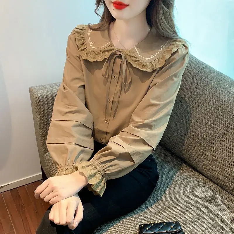 Top Trends: Fashion Peter Pan Collar Ruffles Lace Up Bow Shirts Women's Clothing 2023 Autumn Winter Loose Sweet Tops Princess Sleeve Blouses Shoppable Styles