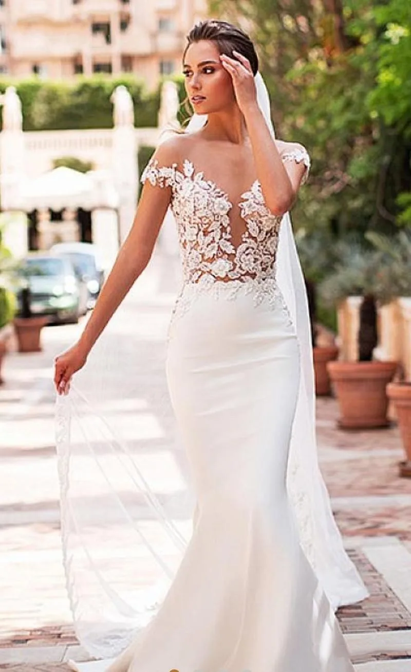 Top Trends: Mermaid Wedding Dress Elegant Robe De Marie Satin Cap Sleeve Vestido De Noiva Lace Bride Dresses Sheer Buttons Back White Shoppable Styles - Image 3