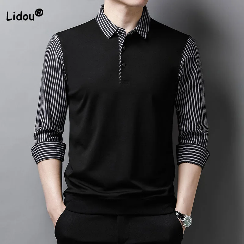 Top Trends: Business Casual Men's Fake Two Pieces Spliced Polo Shirts Spring Autumn Casual Male Clothes Trend Striped Long Sleeve Shirts Shoppable Styles