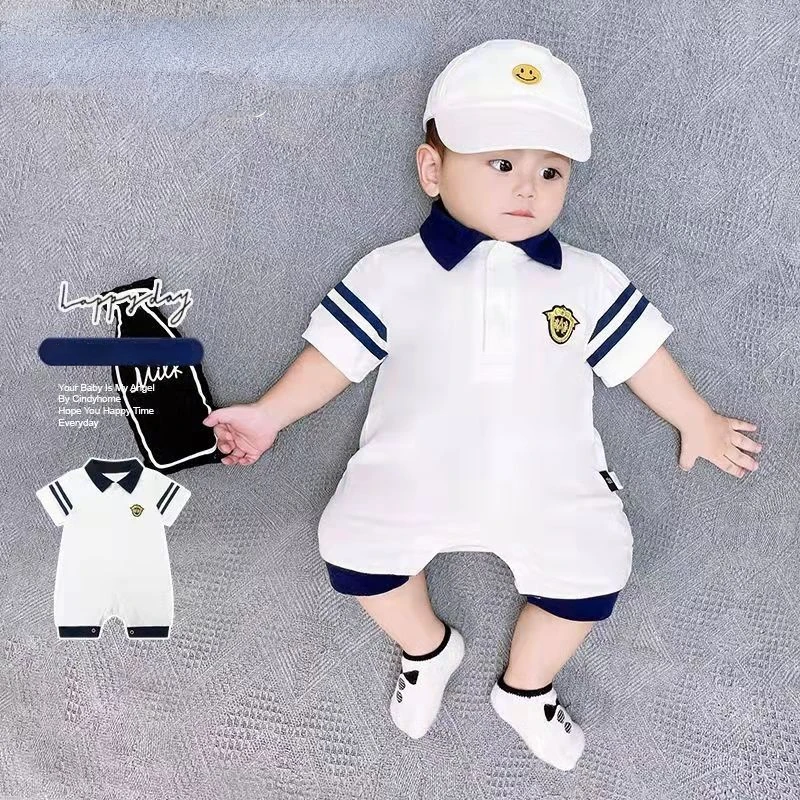 Top Trends: Cotton Newborn Baby Boy Short Sleeve Polo Shirt Jumpsuit Romper Overall Handsome Gentleman Clothes 0-12 Months Shoppable Styles