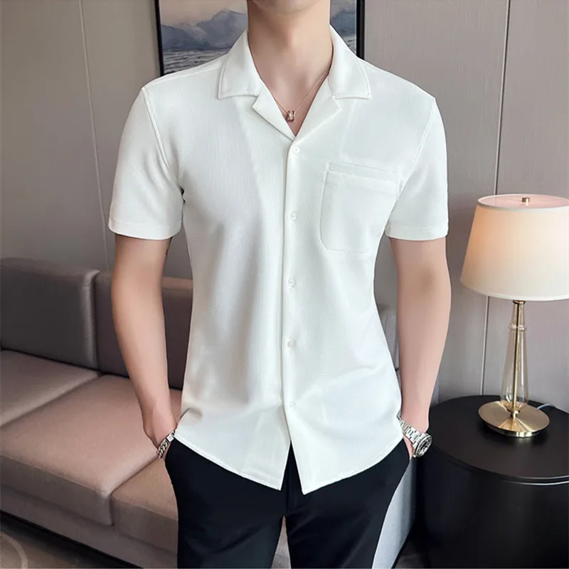 Top Trends: 2023 Summer British Style Men&#039;s Casual Short-Sleeved Shirts / Male Slim Fit V-Neck Lce Silk Casual Shirts Tops Plus Size S-3XL Shoppable Styles