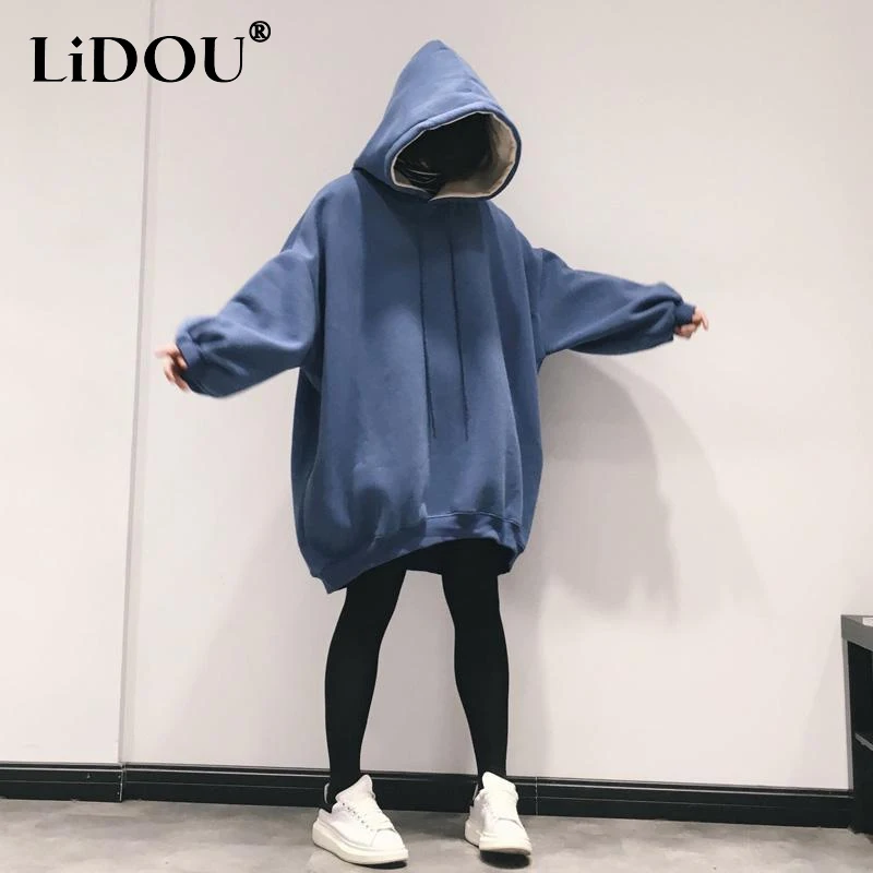 Top Trends: Autumn Winter Solid Color Fashion Long Sleeve Mid-length Sweatshirts Women High Street Casual Loose Hooded Oversize Pullovers Shoppable Styles