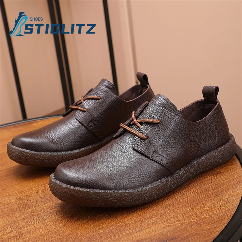 Top Trends: Solid Color Cowhide Lace Up Oxford Shoes For Men Non-Slip Soft Sole High Quality Men&#039;s Genuine Leather Shoes Flat Casual Shoes Shoppable Styles