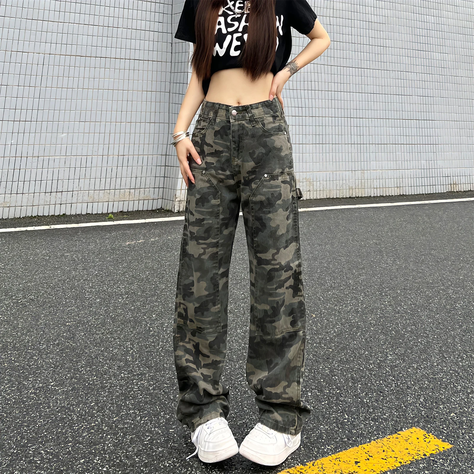 Top Trends: Dongdaemun Korea 2023 Trend Fashion Cargo Pants Streetwear Camouflage Jeans Woman High Waist Baggy Casual Denim Trousers Shoppable Styles