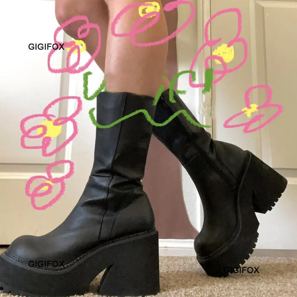 Top Trends: GIGIFOX Goth Platform High Heels Zip Chunky Women&#039;s Boots Black Punk Thick Bottom Motorcycle Boots Cosplay Y2K Casual Shoes Shoppable Styles