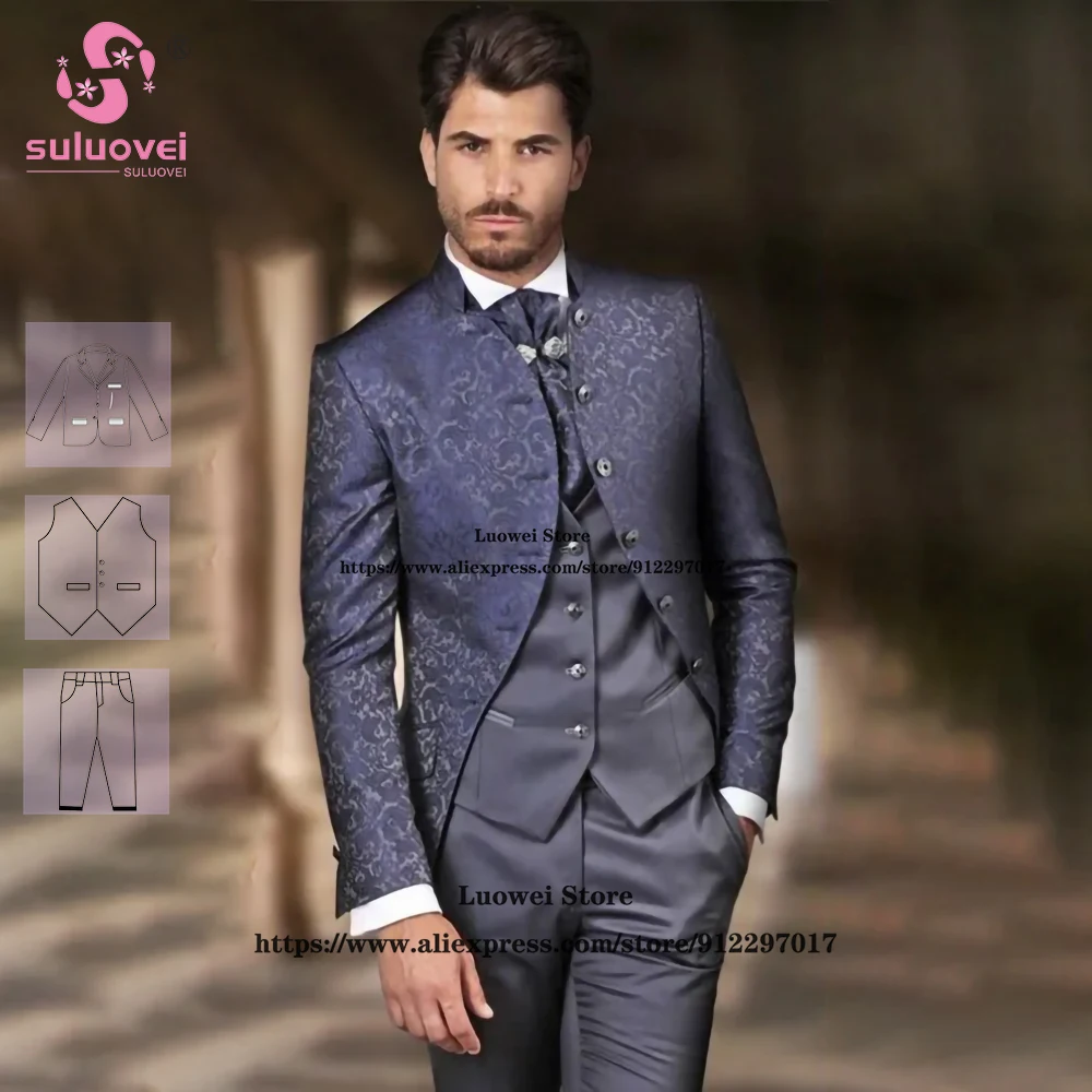 Top Trends: Fashion High Collar Floral Tuxedos Suits For Men Slim Fit Jacquard 3 Piece Pants Set Groom Wedding Dinner Party Blazer Masculino Shoppable Styles