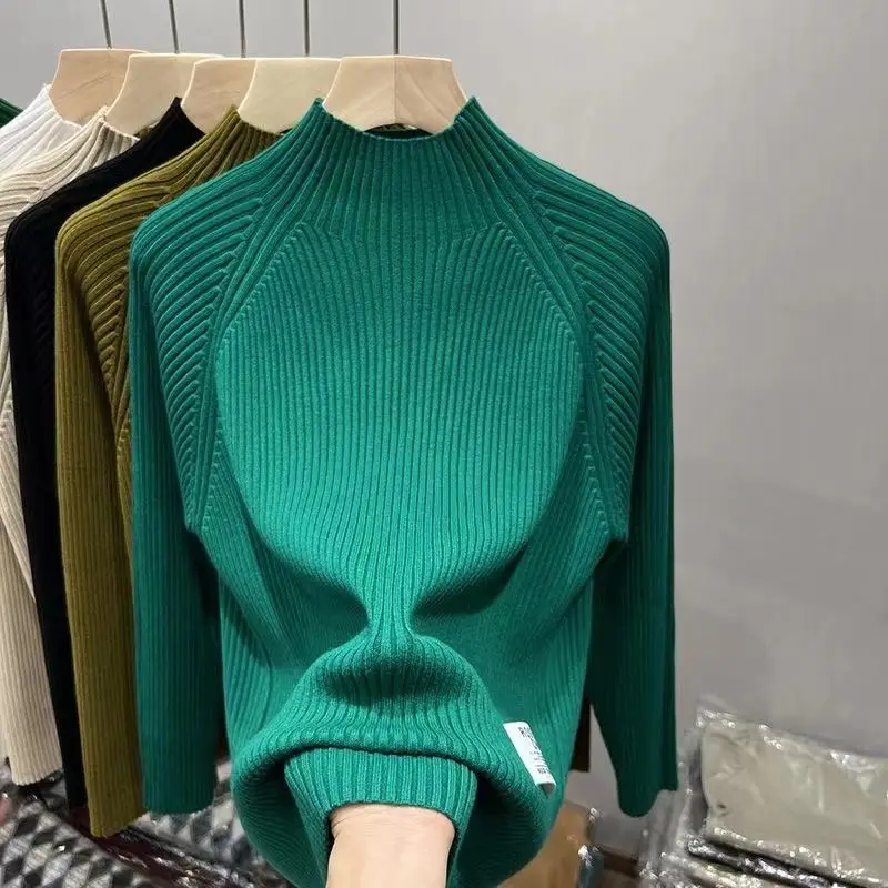 Top Trends: Fashion Women Half High Collar Bottoming Sweater Korean Spring Autumn New Solid Striped Casual Long Sleeve Knit Pullovers Top Shoppable Styles