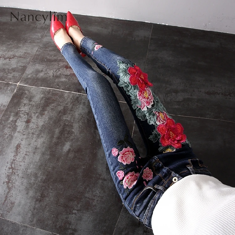 Top Trends: Skinny Foral Jeans For Woman Spring And Autumn Peony Flower Embroidery National Wind Stretch Denim Pants Trousers Mujer Shoppable Styles