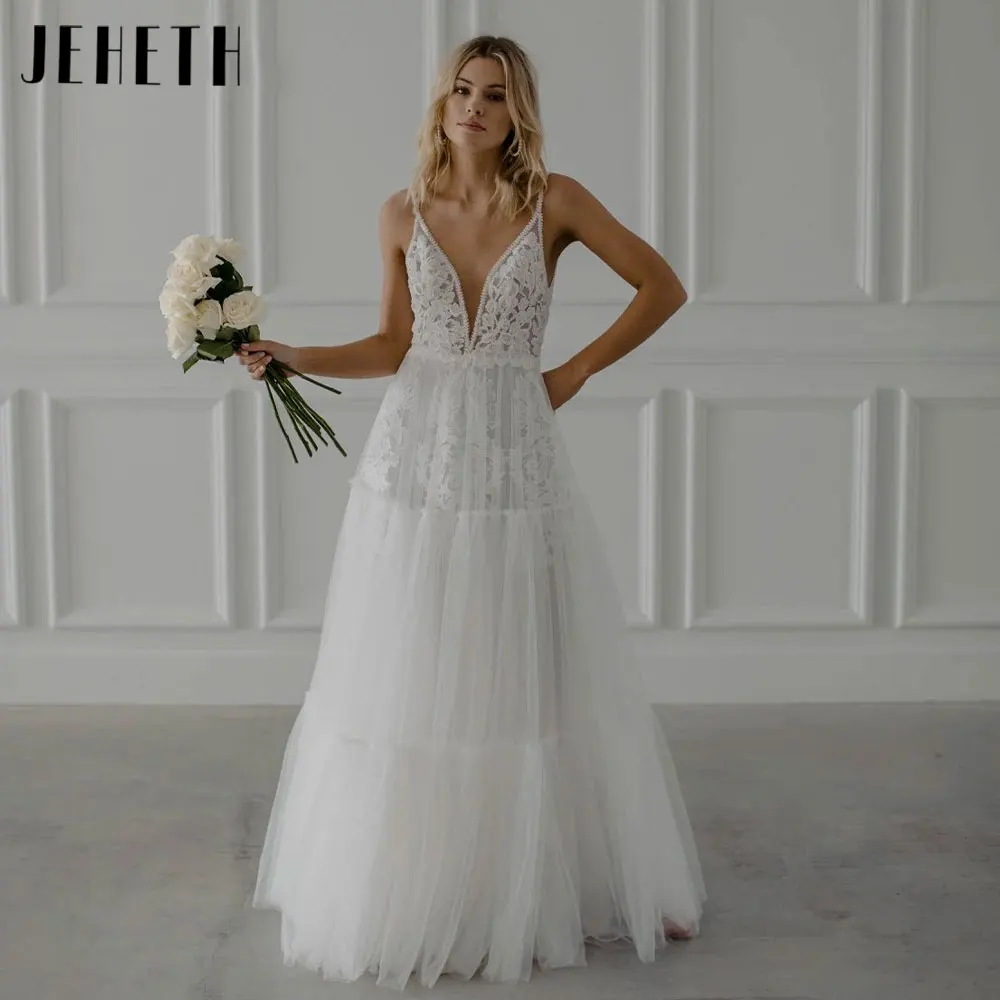 Top Trends: JEHETH Boho V-Neck Sleeveless Wedding Dresses Classic Lace Appliques Bridal Gowns Backless Tulle Custom Made Robe De Mariée 2024 Shoppable Styles