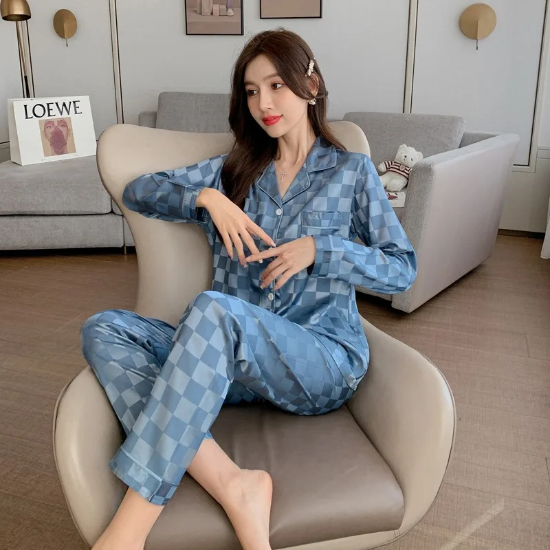 Top Trends: Spring And Autumn New Plaid Jacquard Imitation Silk Ice Silk Pajamas Women's Trousers Long-sleeved Two-piece Home Service Shoppable Styles - Image 2