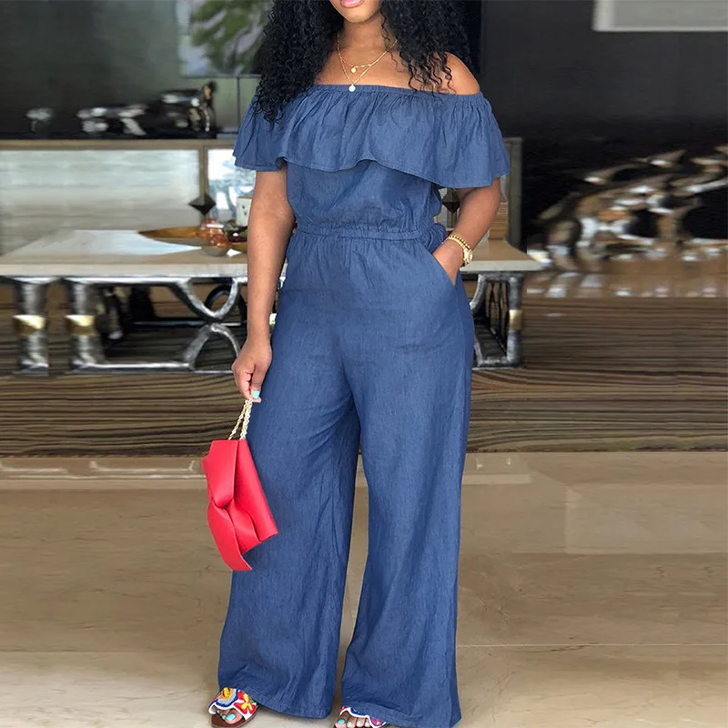 Top Trends: Plus Size Jean Jumpsuit Female Off Shoulder Denim Cloth Women One Piece Outfit Casual Wide Leg Pant 2023 Autumn Elegant Jumpsuit Shoppable Styles