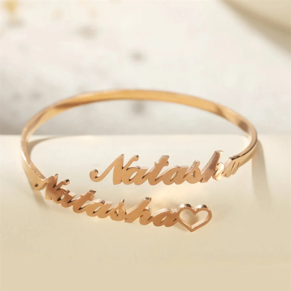 Top Trends: Stainless Steel Customized Bangle Personalized Two Names With Heart Bracelets For Women Couples Jewelry Valentine's Day Gift Shoppable Styles