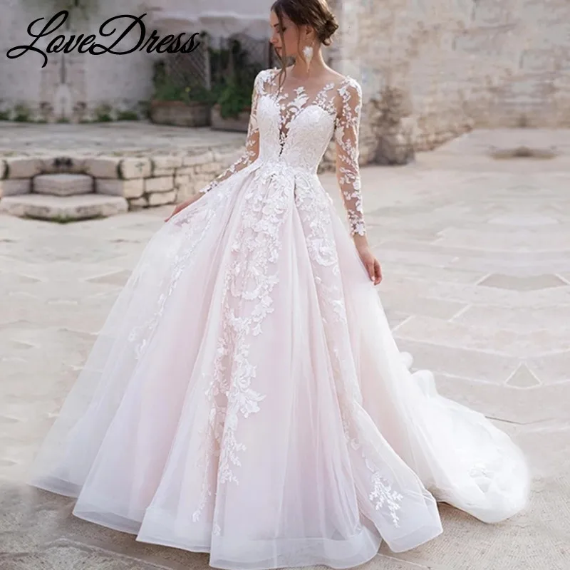 Top Trends: Luxury Pink Long Sleeves Wedding Dress Ball Gown Lace Appliques O-Neck Button Royal Train Bride Gowns Vestido De Novia Princess Shoppable Styles