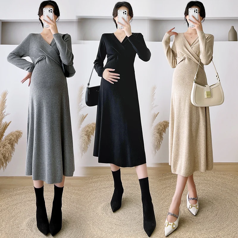 Top Trends: 8307 # Autumn Winter Korean Fashion Knitted Maternity Long Dress Across V Neck A Line Slim Clothes For Pregnant Women Pregnancy Shoppable Styles