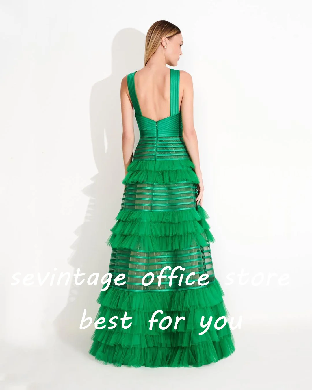 Top Trends: Sevintage Green Prom Dresses V-Neck Sleeveless Tiered Ruffles Tulle Pleat Ruched A-Line Evening Gowns Special Occasion Gown 2023 Shoppable Styles - Image 2