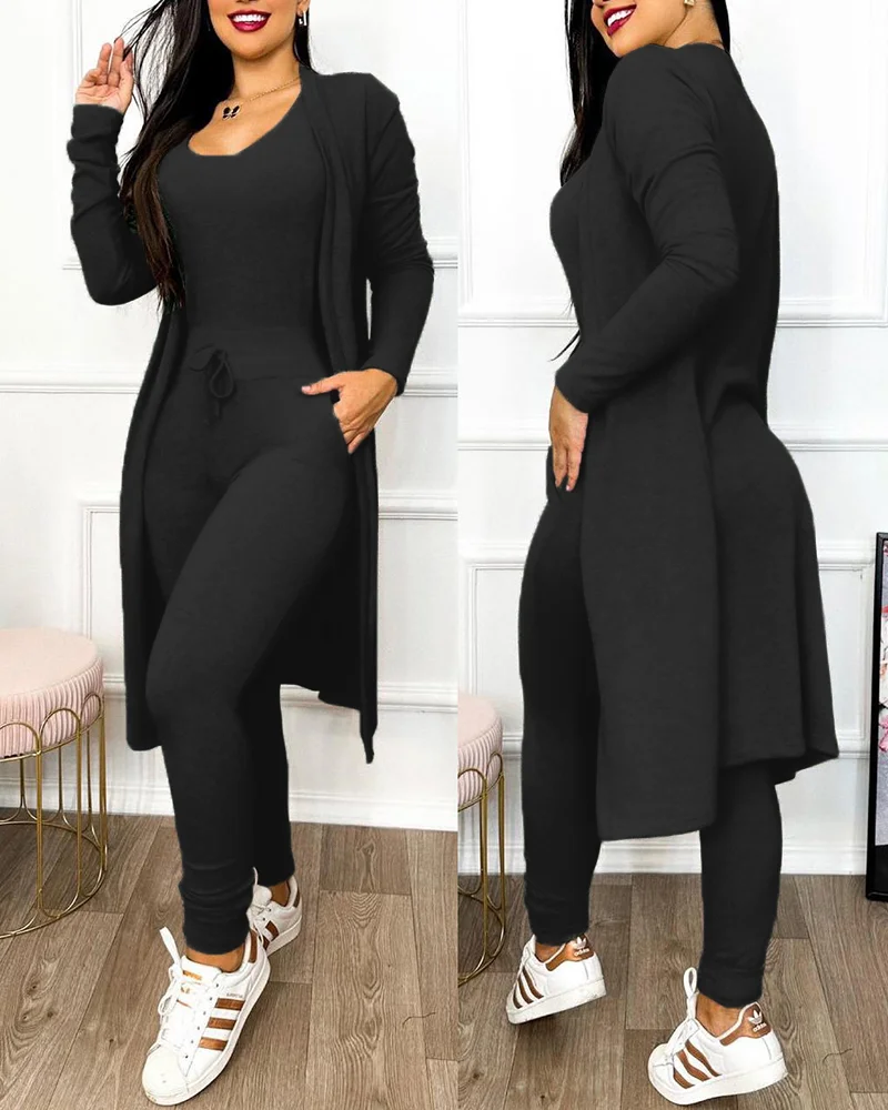 Top Trends: Jumpsuit Women Fashion 2203 Autumn Two Piece U-Neck Sleeveless Drawstring Pocket Design Jumpsuit Suit Set & Long Sleeve Coat Set Shoppable Styles