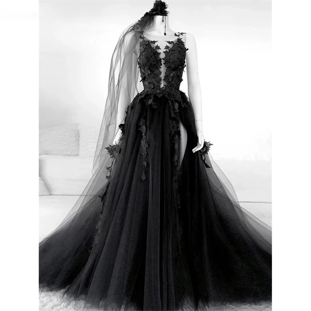 Top Trends: Gothic Black Prom Dresses Sexy Backless High Side Split A-line Evening Dress Lace Formal Party Gowns With Veil Robe De Soirée Shoppable Styles