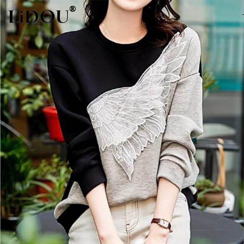 Top Trends: Spring Autumn O Neck Feather Embroidery Patchwork Loose Casual Jumper Top Women Long Sleeve Simple All-match Pullover Sweatshirt Shoppable Styles