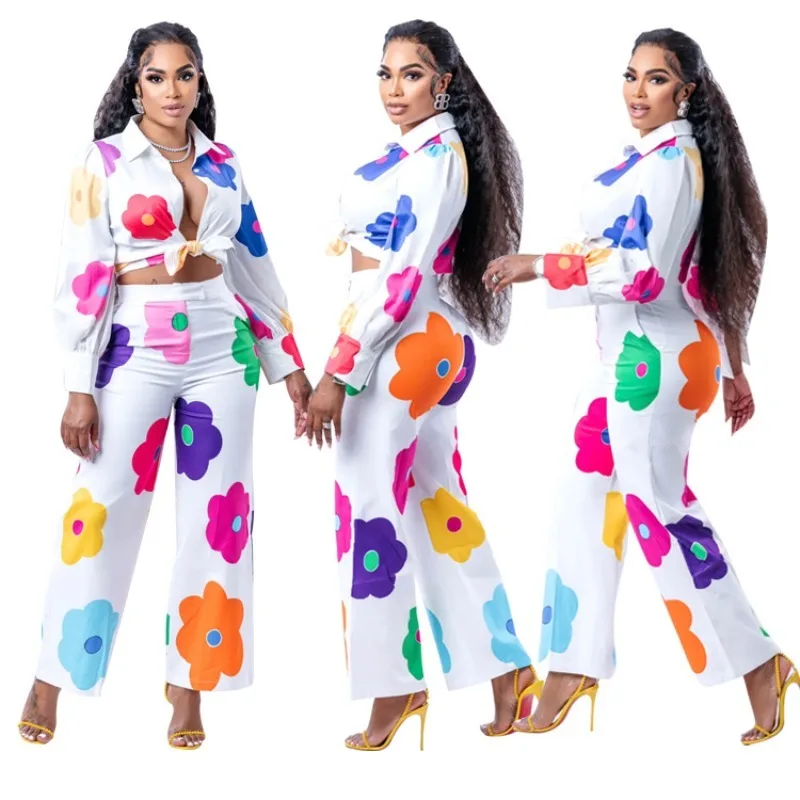 Top Trends: Flora Printed Women 2 Piece Set Elegant Button Up Blouse&shirts Wide Leg Pants Matching Set 2023 Autumn Office Lady Tracksuits Shoppable Styles