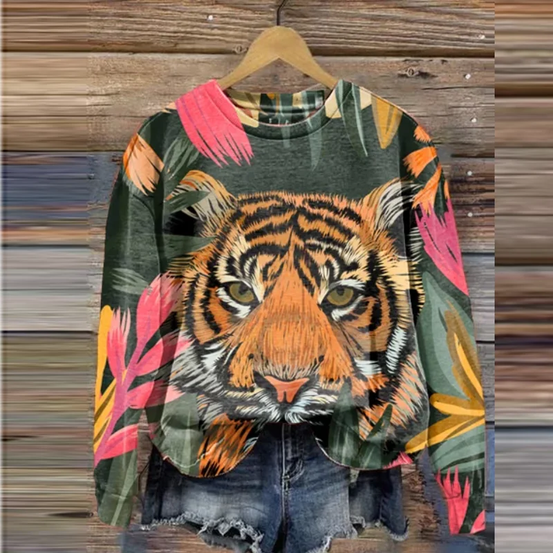 Top Trends: Women Hoodie Vintage O-Neck Tiger Pattern 3d Print Sweatshirts Autumn Winter Long Sleeve T-Shirt Female Oversized Pullover Tops Shoppable Styles