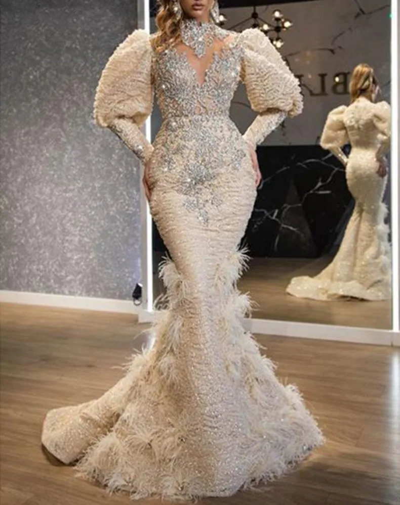 Top Trends: 2023 New Women's Dress V-Neck Feather Princess Dress Sprinkled Gold Long Mesh Evening Party Wedding Dress Shoppable Styles