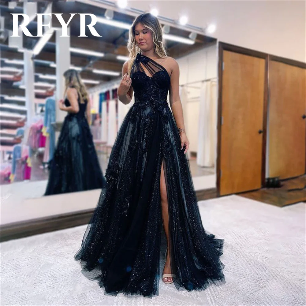 Top Trends: RFYR Sparkling Tulle A-line Prom Dress Dark Blue Evening Dress Sexy One Shoulder Side Split فستان سهرة Princess Party Dresses Shoppable Styles